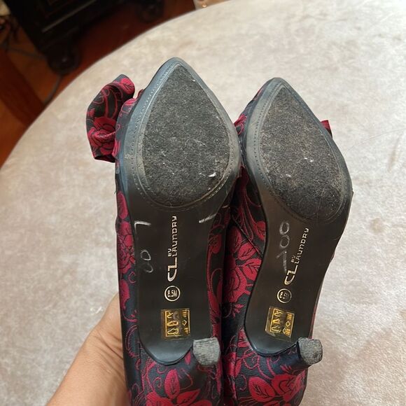 CL Chines Laundry Ted Blk Floral Fabric Print Granny Short Heels Sz 8.5 / 39 - Picture 7 of 10